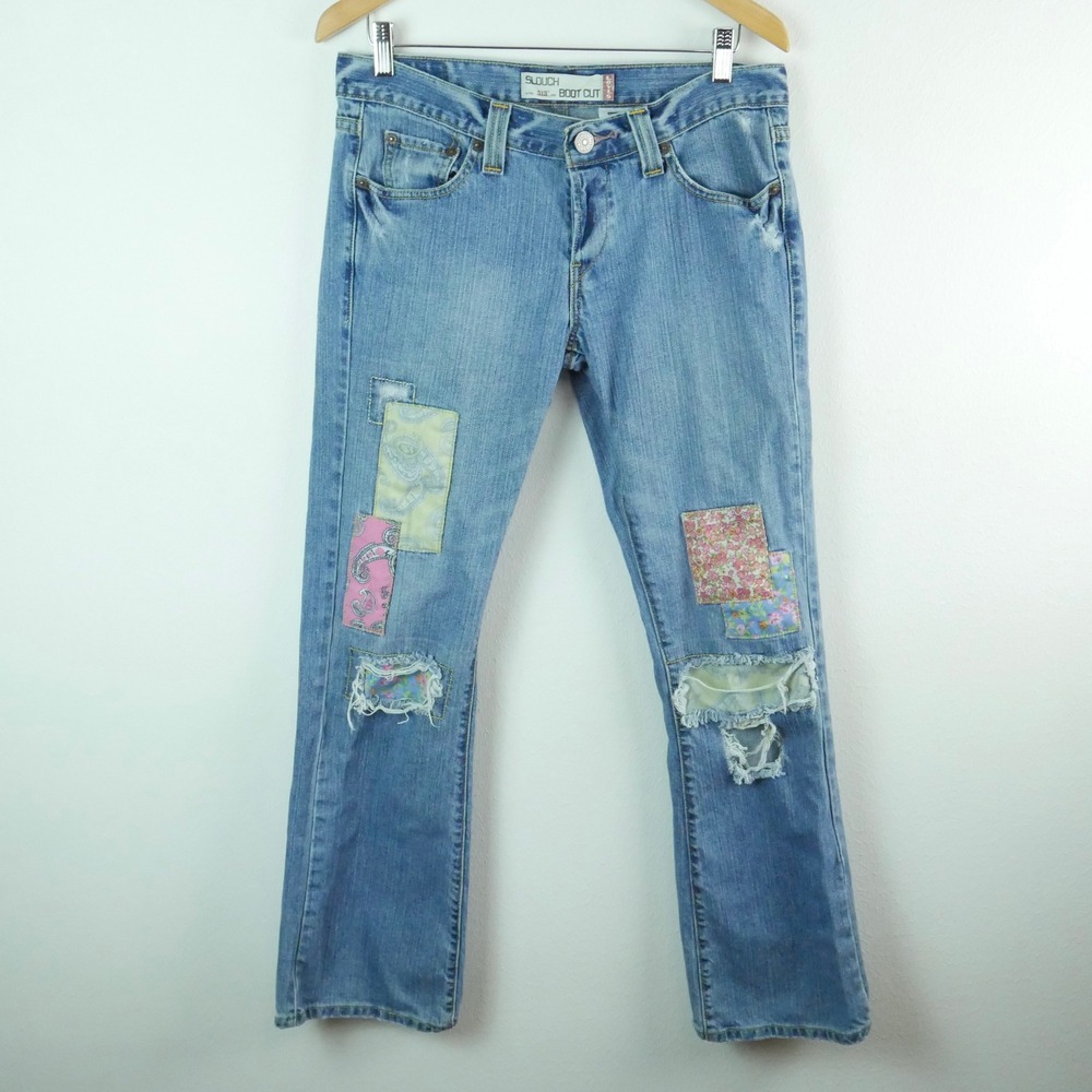 Levis 513 Slouch Boot Cut Jeans 9 M Blue Patchwork Distressed Y2K Low Rise Boho